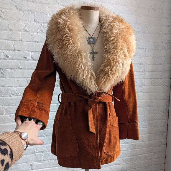 Vintage Orange Suede Penny Lane Jacket Groovy Furry Genuine Leather Trench Coat - Picture 2 of 9